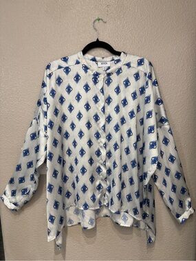 KOCH Oversized Evil Eye Print Blouse Silver Blue Artsy Statement